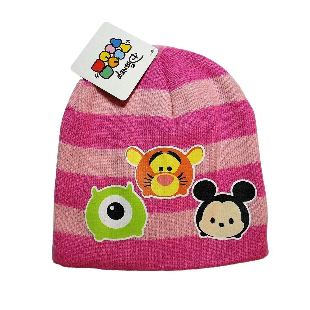 Disney Tsum Tsum Mickey Tigger Mike Wazowski Stripe Pink Winter Knit Hat‎ ONLY